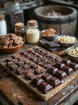 Rustic Chocolate Factory Workshop Amidst Sweet Aroma, Soft focus on artisan tools and chocolate pieces alludes to the craftsmanship in confectionery.