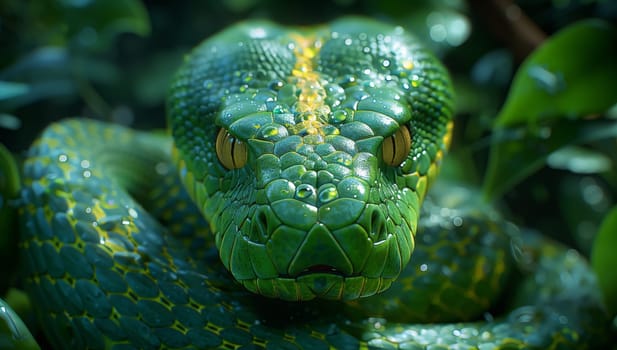 A closeup shot of a scaled reptile with electric blue markings and yellow eyes, the green snake stares straight at the camera