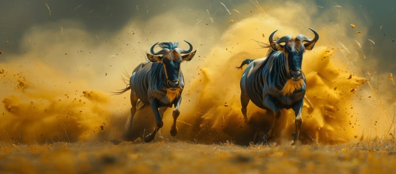 Two wildebeest, as pack animals, run through a dusty landscape. This scene could be depicted in a painting as an artistic portrayal of a terrestrial animal in motion