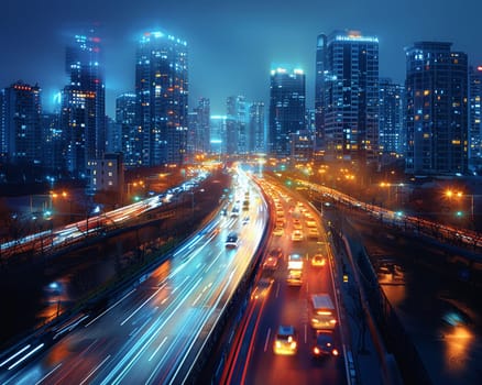 Nighttime City Traffic with Streaks of Headlights and Streetlights, The motion blur of lights suggests the pulse and flow of urban life after dark.