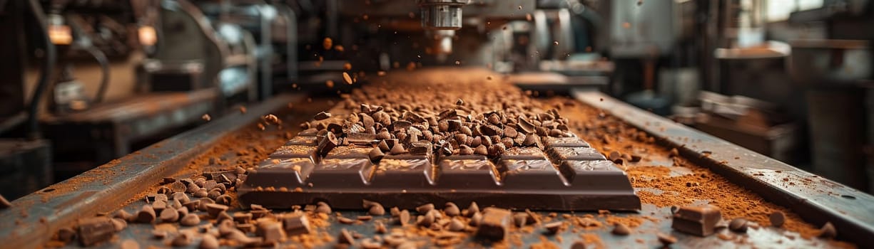 Rustic Chocolate Factory Workshop Amidst Sweet Aroma, Soft focus on artisan tools and chocolate pieces alludes to the craftsmanship in confectionery.