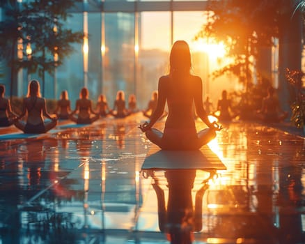 Serene Yoga Class in Session at a Sunlit Wellness Center, The tranquil blur of figures in poses against the morning light emphasizes balance and harmony.