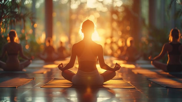 Serene Yoga Class in Session at a Sunlit Wellness Center, The tranquil blur of figures in poses against the morning light emphasizes balance and harmony.