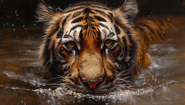 A Bengal tiger, a member of the Felidae family and a carnivorous organism, is gracefully swimming in the fluid water, its sleek hair glistening, while staring directly at the camera