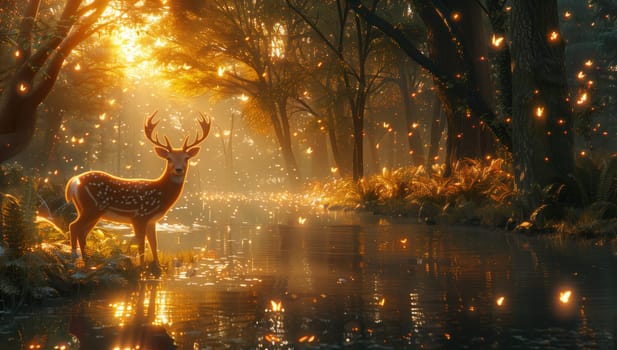 A deer is calmly standing in a lush forest by a river, surrounded by trees, plants, and a picturesque natural landscape