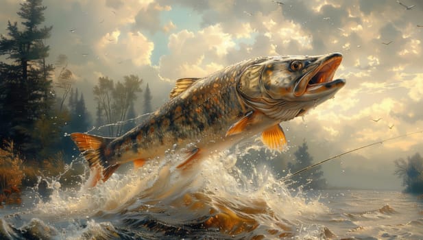 In a natural landscape painting, a large rayfinned fish with sleek fins is leaping out of the fluid water, against a backdrop of clouds and nature