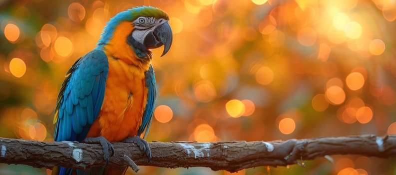 A colorful macaw with blue and yellow feathers is perched on a tree branch, showcasing its vibrant orange beak and fawncolored wings