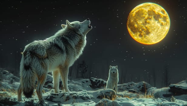 A terrestrial animal, the wolf, is depicted howling at the astronomical object, the full moon, in the dark night sky. This event is captured in a painting, blending science and art
