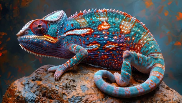 A colorful chameleon, a terrestrial animal and a scaled reptile, is perched on a rock. Its electric blue pattern makes it a work of art in nature