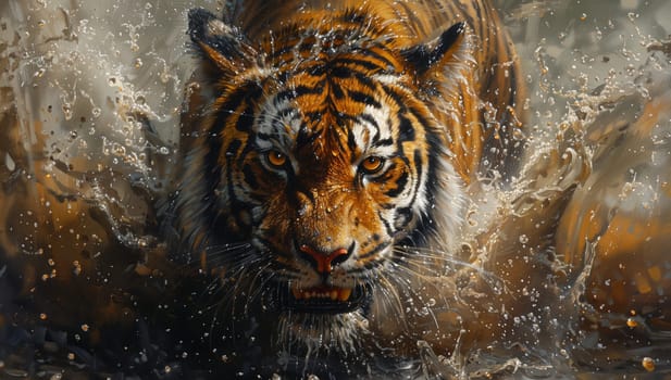 A magnificent Siberian tiger, a species of big cats and a carnivorous terrestrial animal, running through the water with its whiskers trailing behind as it hunts for prey