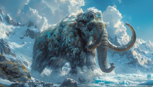 A mythical creature resembling a mammoth is depicted standing atop a snowcovered mountain in a beautiful natural landscape, surrounded by clouds and wind