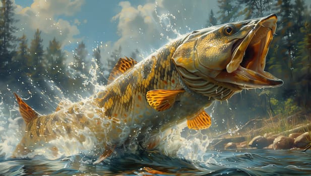 A majestic fish leaps out of the water, mouth agape, against a backdrop of a cloudy sky and tall trees, creating a captivating natural landscape painting