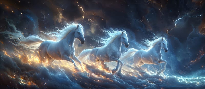 A mythical creature resembling a white horse is soaring through the electric blue sky in the clouds, creating an artistic and fictional scene of wonder and magic