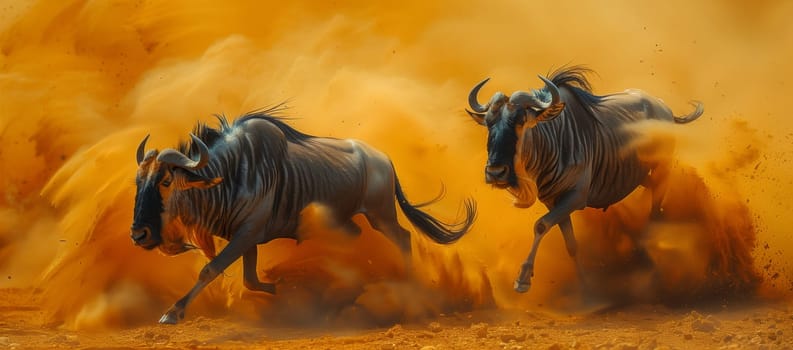 Two wildebeest are galloping across the grassy plain, their snouts raised in the wind. The natural landscape is captured in an exquisite painting