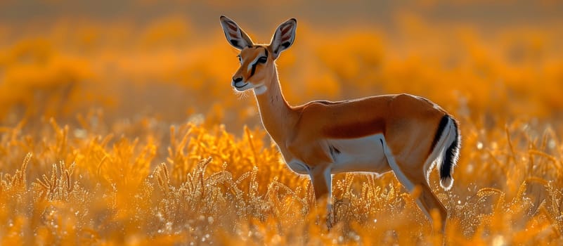 A deer grazes in the grassy plains of its Ecoregion, blending into the natural landscape. The terrestrial animal moves gracefully through the tall grass, embodying the beauty of nature