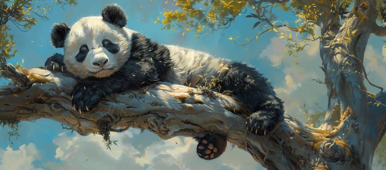A terrestrial animal, the panda bear is laying on a tree branch with its fur reflecting the sunlight. Its snout is twitching as it enjoys the peaceful moment in the cloudfilled sky