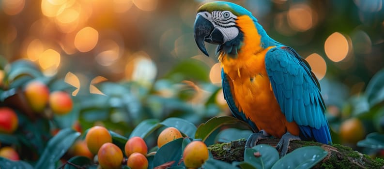 A vibrant blue and yellow Macaw parrot is gracefully perched on a tree branch, showcasing its colorful feathers and powerful beak in its natural habitat