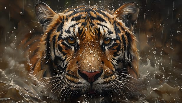 A Siberian tiger, a carnivorous organism belonging to the Felidae family, is swimming in the water and gazing at the camera with its whiskers. This terrestrial animal is one of the big cats