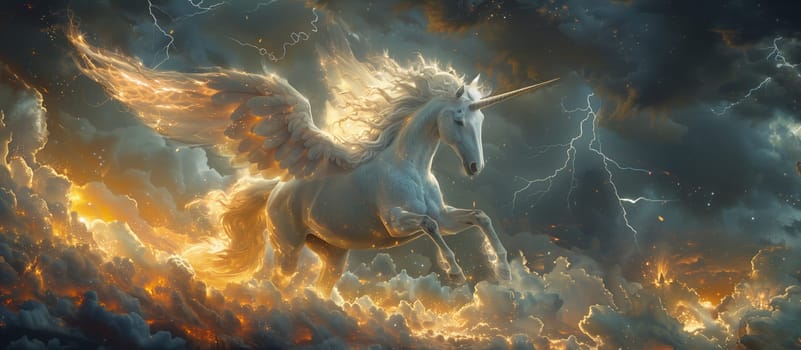 A horselike creature known as a pegasus is soaring through a cloudy sky with flames shooting out of its wings, creating a majestic and surreal scene