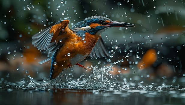 A water bird gracefully glides over the liquid surface, showcasing its majestic wings and beak against the natural landscape backdrop