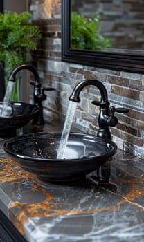 Black sink in stylish bathroom interior.