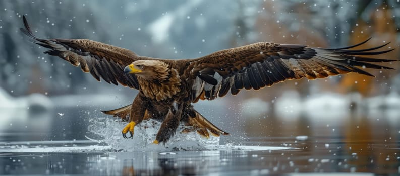 A majestic bird of prey, the bald eagle, from the Accipitridae family, soars over water with its sharp beak. A symbol of natures beauty and grace in the Falconiformes order