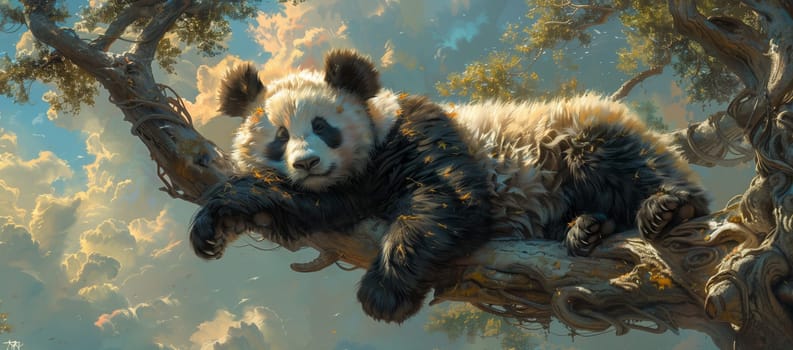 A terrestrial carnivore, the panda bear relaxes on a tree branch. Its fur is black and white, resembling an artists painting. Its snout is unique among carnivores in the Felidae family