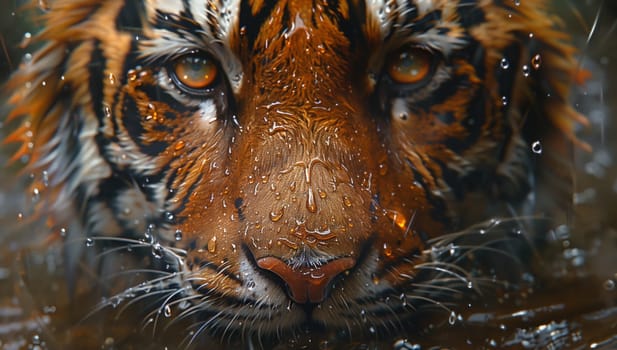 A closeup of a Siberian tigers face is reflected in the water, showcasing its whiskers, fawn fur, and powerful snout. Tigers are carnivorous felidae and big cats