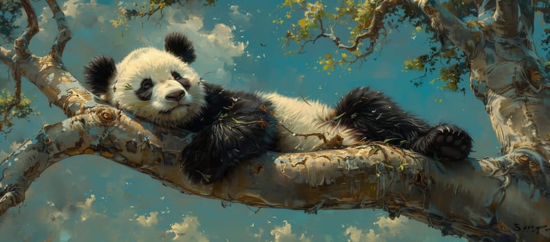 A panda bear, a terrestrial animal and member of the Mustelidae family, is peacefully lounging on a tree branch in its natural habitat surrounded by water and nature