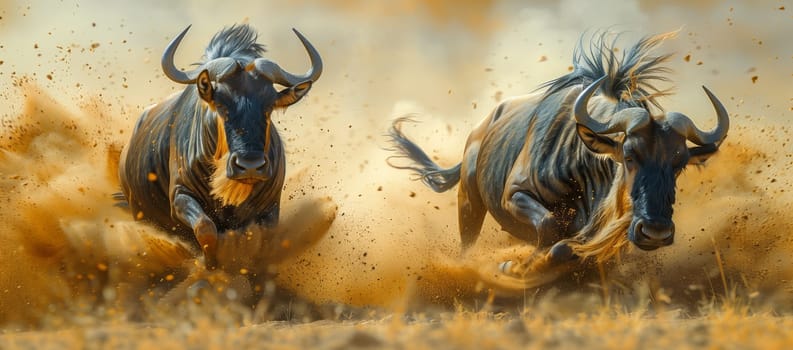 Two wildebeest, terrestrial animals with horns and snouts, are galloping through a grassy landscape. The scene resembles a beautiful painting depicting the working animals in their natural habitat