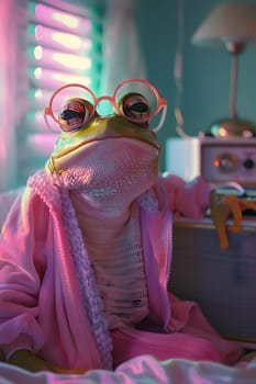 A frog with stylish purple eyewear and a pink robe sits on a bed, showcasing the importance of vision care and fun fashion design in entertainment events