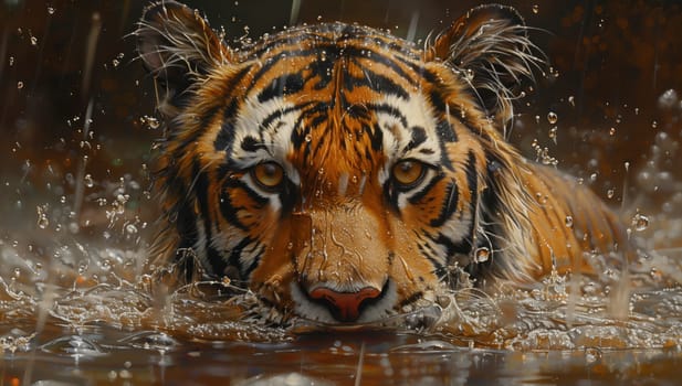A Bengal tiger, a carnivorous organism belonging to the Felidae family of big cats, is swimming in the water and staring directly at the camera with its whiskers on display
