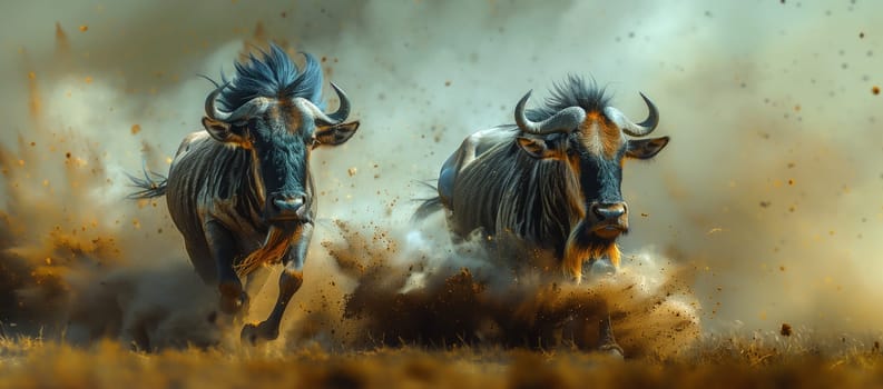 Two wildebeest, a pack animal, running through a dirt field in a stunning landscape. The scene could be part of an action film or an art painting capturing the terrestrial animals in motion