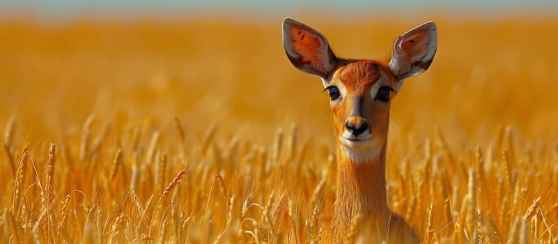 A deer is standing in a grassland ecoregion, surrounded by tall grass and natural landscape. The terrestrial animal is looking at the camera in a prairie event