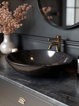 Black sink in stylish bathroom interior.