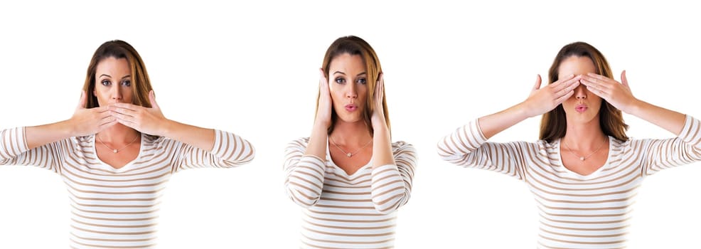 Collage, woman in portrait and surprise in white background with comic, goofy and hands on face in studio. Female person, funny and comedy with different emotion, silly expression or reaction.