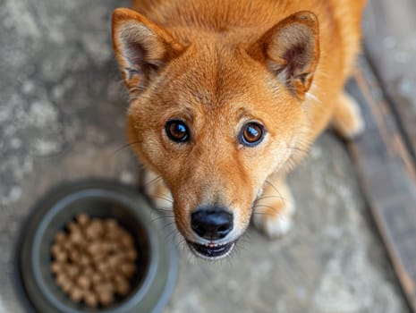 Top view of shiba Inu dog looking at camera with a bowl full of food.