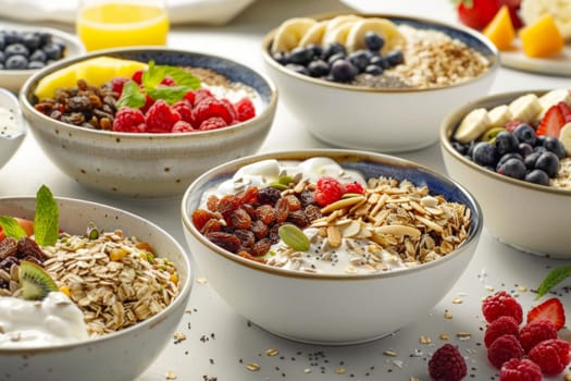 Morning healthy breakfast composed of different muesli bowls perfect for revitalizing and get full energy for the day.