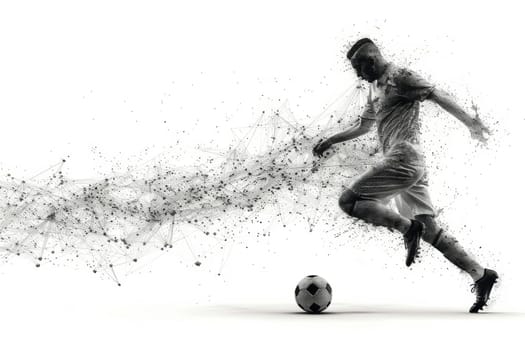 A man is kicking a soccer ball in the air. The image is blurry and has a sense of motion