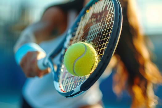 A woman is playing tennis and is about to hit a yellow ball with her racket. Concept of athleticism and determination as the woman prepares to make a powerful shot