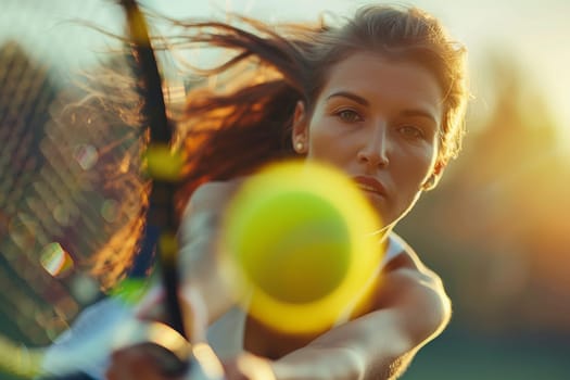 A woman is playing tennis and is about to hit a yellow ball with her racket. Concept of athleticism and determination as the woman prepares to make a powerful shot