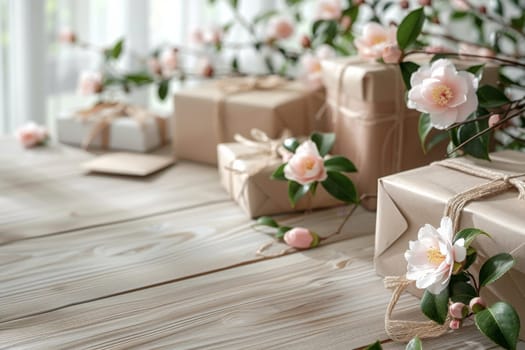 A wooden table with a bunch of brown boxes and flowers on it. The boxes are wrapped in brown paper and tied with string. The flowers are white and arranged in a way that they complement the boxes