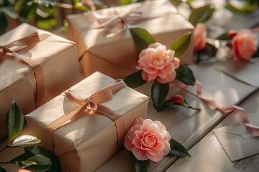 A wooden table with a bunch of brown boxes and flowers on it. The boxes are wrapped in brown paper and tied with string. The flowers are white and arranged in a way that they complement the boxes