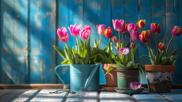 flowerpots of tulips, spring flower season.