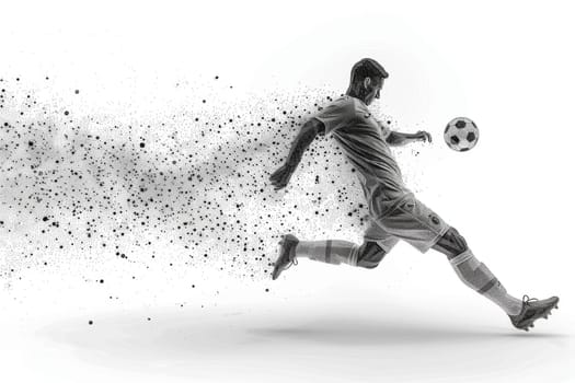 A man is kicking a soccer ball in the air. The image is blurry and has a sense of motion