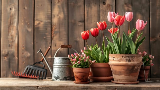 flowerpots of tulips, spring flower season.
