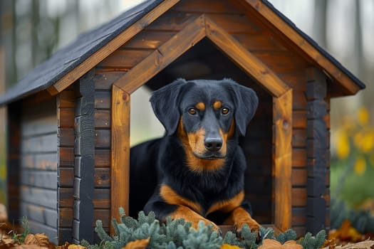 A dog is sitting in a wooden dog house. The dog house is made of wood and has a slanted roof