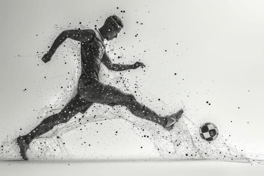 A man is kicking a soccer ball in the air. The image is blurry and has a sense of motion