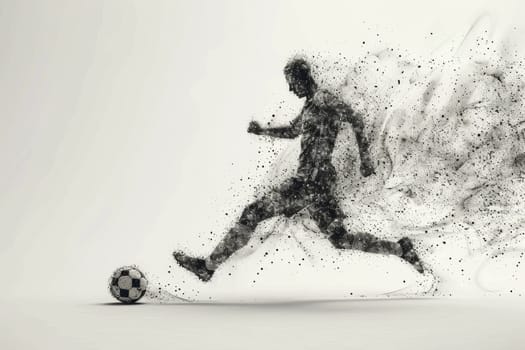 A man is kicking a soccer ball in the air. The image is blurry and has a sense of motion
