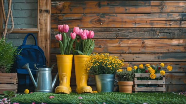 A wooden fence with a blue background and a bunch of flowers in vases. There are also two yellow boots and a backpack on the ground